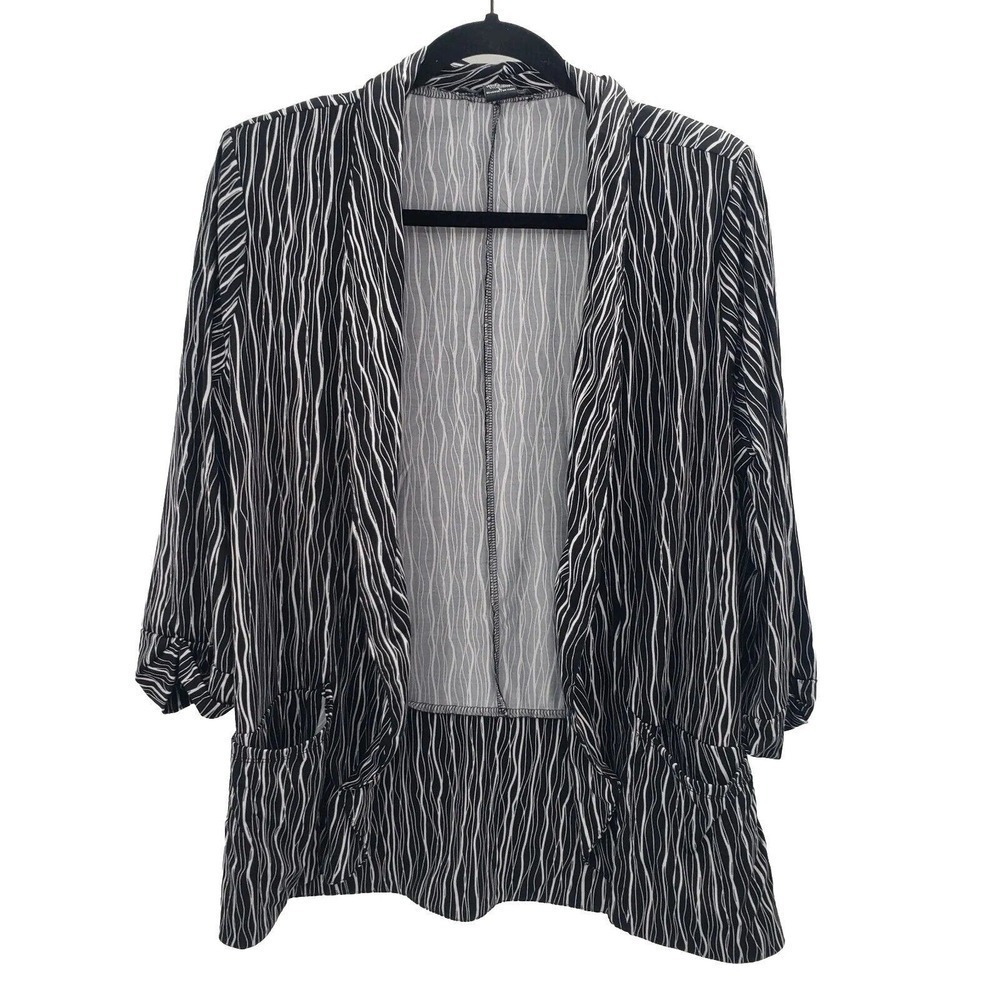Robert Louis Striped Knit Cardigan Jacket Large Wavy Lines Pockets 3/4 Sleeve